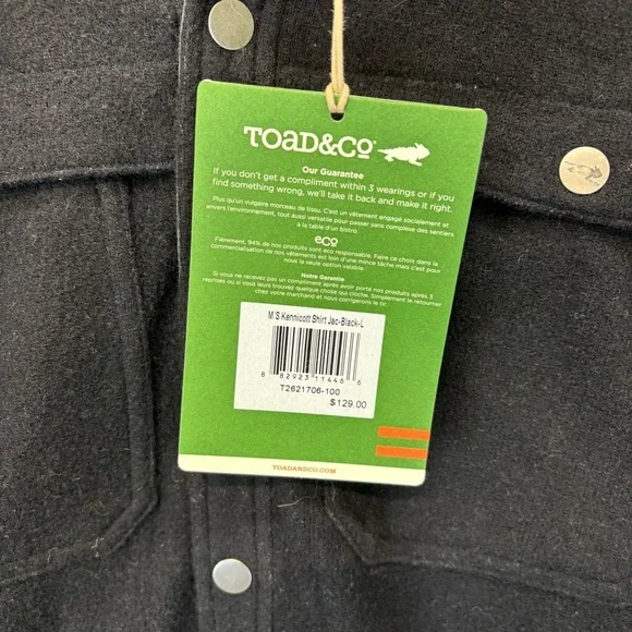 NWT Toad & Co. Men's Kennicott Wool Blend Button Up Shirt Jacket Black Sz Large